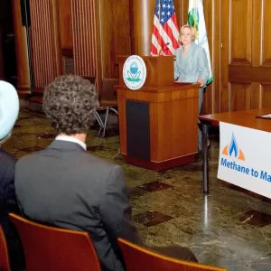 Dina Kruger, U.S. EPA Climate Change Division Director, speaking at the MOU signing between U.S. and India in support of the Methane to Markets Partnership, 2007.