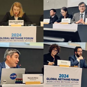 Event partners speaking during the plenary session at the 2024 Global Methane Forum in Geneva, Switzerland. Tatiana Molcean, UNECE Executive Secretary (top left); Tom&aacute;s Carbonell, GMI Chair (top right); Marcelo Mena, Global Methane Hub CEO (bottom left); Martina Otto, CCAC Head of Secretariat (bottom right).