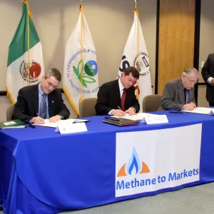 MOU signing ceremony with the Secretariat of Environment and Natural Resources (SEMARNAT) in Mexico, U.S. EPA Deputy Administrator, and U.S. Agency for International Development Acting Administrator, 2005.